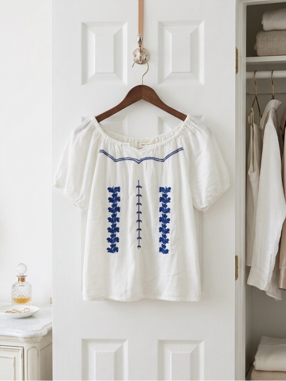 White boho Top with Blue Embroidery